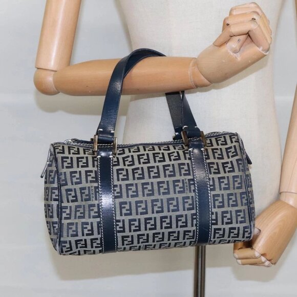 Fendi Handbags - FENDI Zucchino Canvas Hand Bag Navy Silver Auth